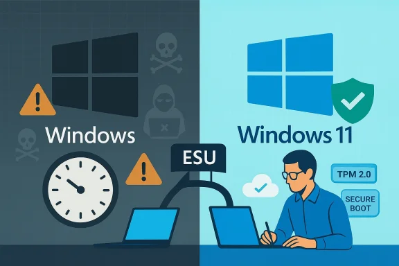 Contrast between old Windows with warnings and Windows 11 with TPM 2.0 and Secure Boot.