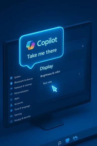 A glowing blue Copilot chat bubble hovers over a monitor showing display settings.