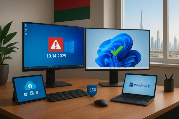 Modern desk setup with dual monitors showing a Windows warning and Windows 11, plus a tablet and laptop. Modern desk setup with dual monitors showing a Windows warning and Windows 11, plus a tablet and laptop.