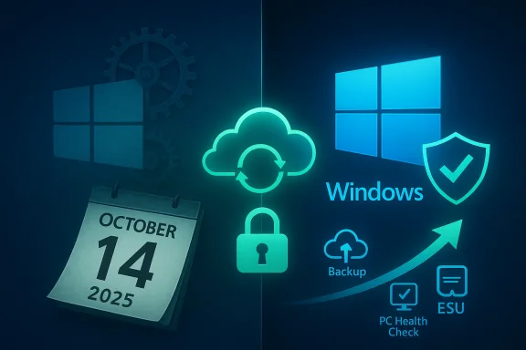 Windows cloud backup and security icons with a calendar date October 14, 2025.