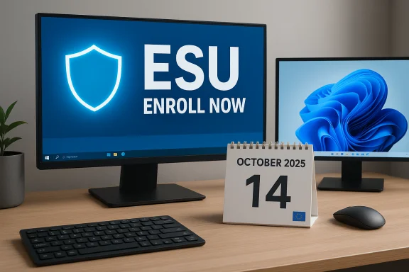 Desk setup with a monitor promoting ESU enrollment and a calendar showing October 14, 2025.