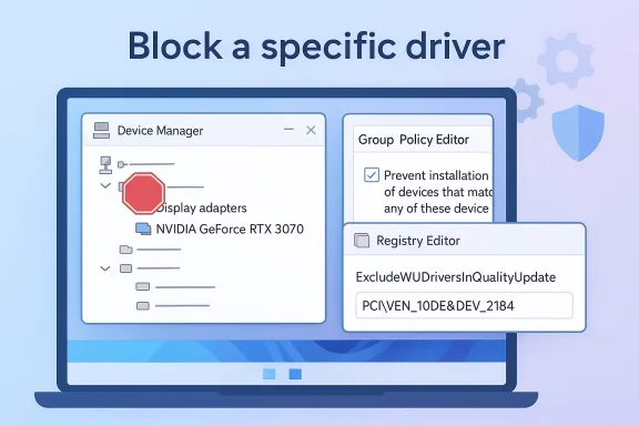 Illustration showing how to block a specific driver using Device Manager, Group Policy Editor, and Registry Editor.