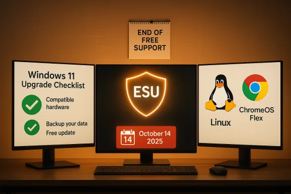 Triple-monitor PC setup shows Windows 11 upgrade checklist, ESU shield with Oct 14, 2025, and Linux/ChromeOS Flex icons.