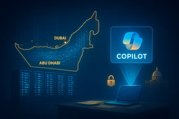 Futuristic UAE data hub with COPILOT logo and glowing map of Dubai and Abu Dhabi.