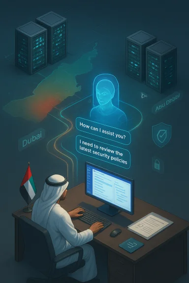 A UAE IT administrator sits at a desk, consulting a holographic AI about security policies.