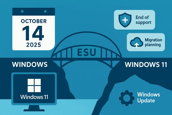 Blue-toned collage of Windows 11 updates, end-of-support notices, and an October 14, 2025 calendar.