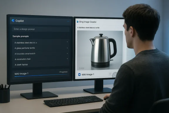 Person at a desk with dual monitors: Copilot prompts on the left, a kettle image on Bing Image Creator on the right.