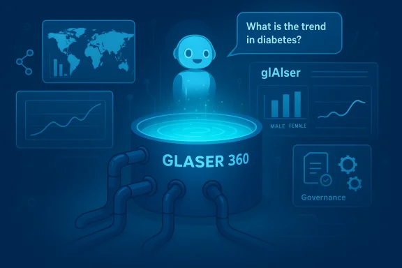 Neon blue AI assistant GLASER 360 hovers above a glowing data hub.