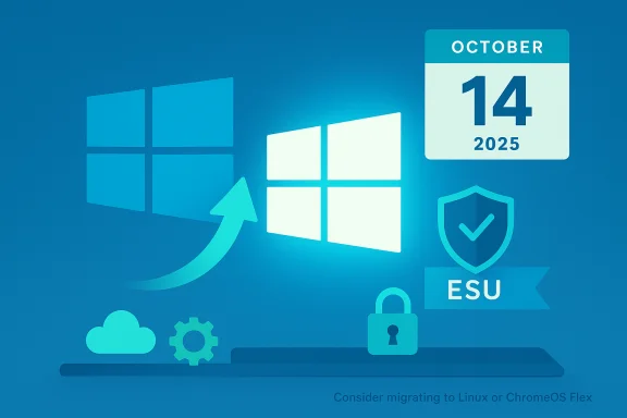 Blue migration illustration urging Windows users to switch to Linux or ChromeOS Flex (Oct 14, 2025).