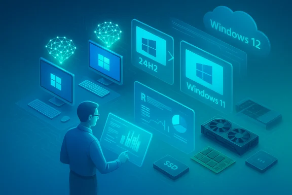 A tech professional reviews holographic Windows dashboards (Windows 11/12) in a cloud-enabled lab.