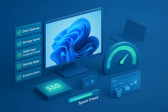 Blue 3D PC maintenance dashboard showing cleanup tasks and space freed.