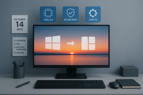 Desk setup: monitor shows Windows migration icon with TPM 2.0, Secure Boot, and Update icons above.