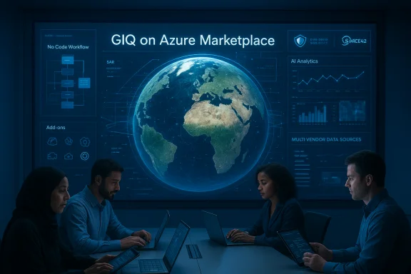 Team collaborates around a table as a holographic Earth displays GIQ on Azure Marketplace. Team collaborates around a table as a holographic Earth displays GIQ on Azure Marketplace.