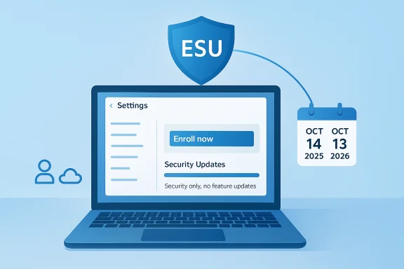 Laptop screen shows ESU security updates with an Enroll now button and a calendar.