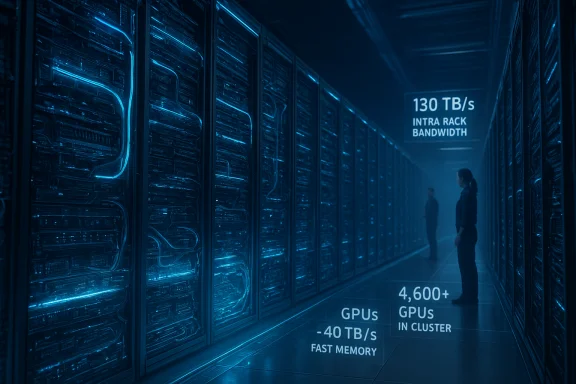 Blue-lit data center hallway with rows of server racks and two people inspecting GPU clusters.