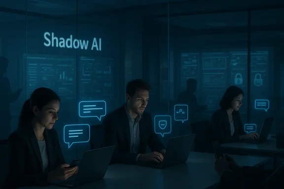 Dim glass-walled office labeled 'Shadow AI' with professionals on laptops and glowing chat icons.