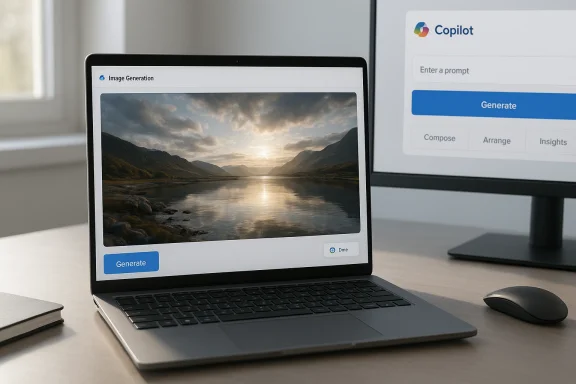 Laptop runs an image-generation app showing a sunset lake landscape, with Copilot on a second monitor.