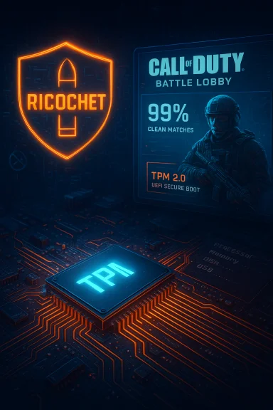 Neon-lit tech scene featuring a TPM 2.0 chip and Ricochet shield guarding a Call of Duty lobby.