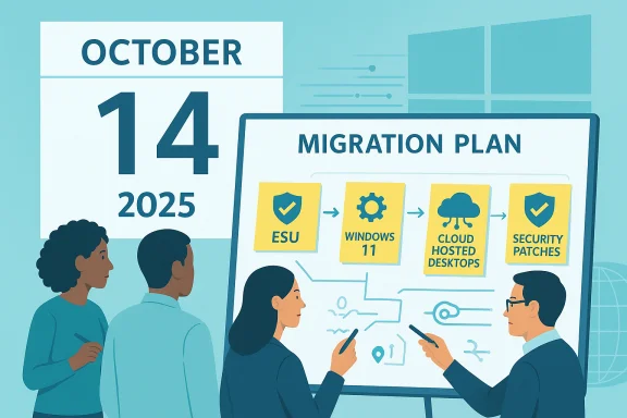 Team collaborates on a migration plan: ESU, Windows 11, cloud desktops, and security patches.