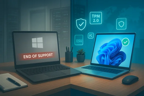 Two laptops on a desk; left shows End of Support, right shows a modern Windows setup.