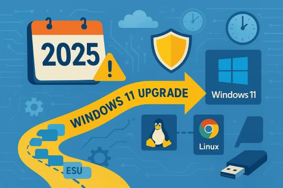 Tech illustration promoting the Windows 11 upgrade in 2025 with a calendar, shield, and OS icons.