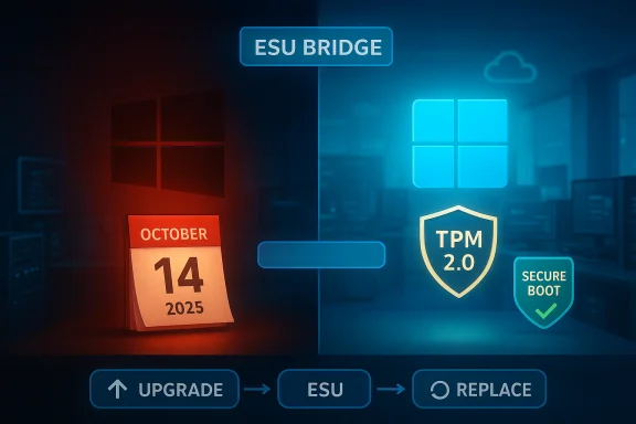 Split-screen Windows ESU Bridge showing Oct 14, 2025 on the left and TPM 2.0/Secure Boot on the right.