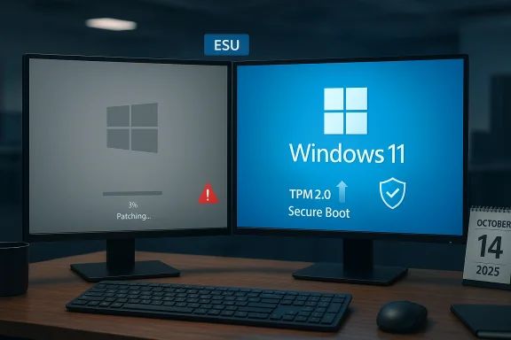 Dual-monitor workstation displaying patch progress on the left and Windows 11 on the right.