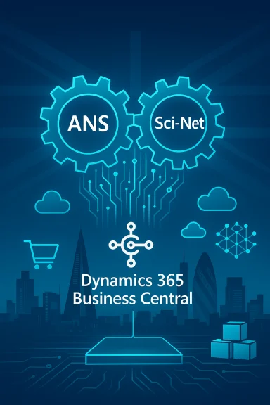 Interlocking neon gears labeled ANS and Sci-Net over a Dynamics 365 Business Central graphic. Interlocking neon gears labeled ANS and Sci-Net over a Dynamics 365 Business Central graphic.