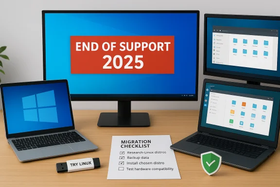 Desk setup with a main monitor displaying “End of Support 2025” and a Linux migration checklist.