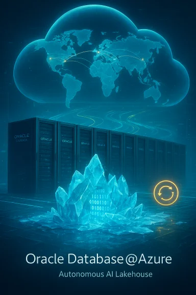 Oracle Database @Azure: autonomous AI lakehouse with cloud map and server racks.