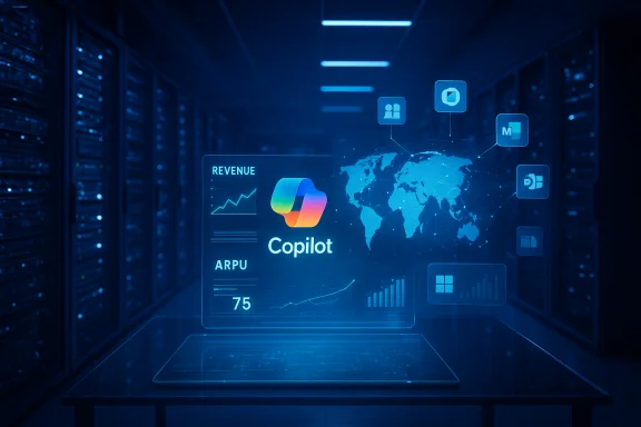 Futuristic blue holographic dashboard for Copilot displaying revenue metrics over a world map.