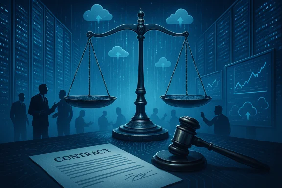 Justice scales and a gavel sit beside a contract in a cloud-tech data center.
