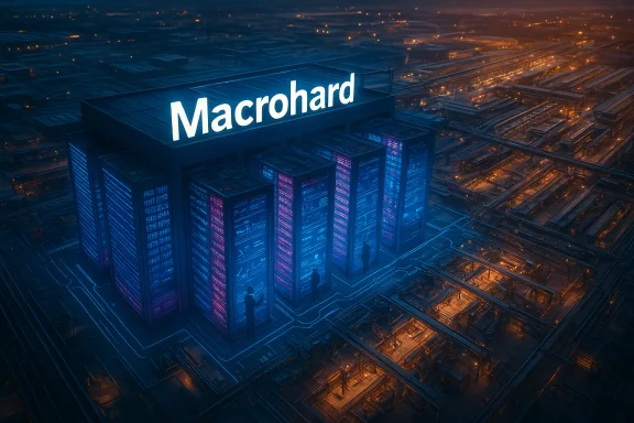 A giant data center tower labeled Macrohard glows blue with server racks and silhouetted workers.