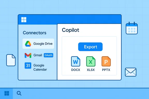 Blue UI dashboard showing Google Drive, Gmail, and Google Calendar connectors alongside a Copilot export panel.