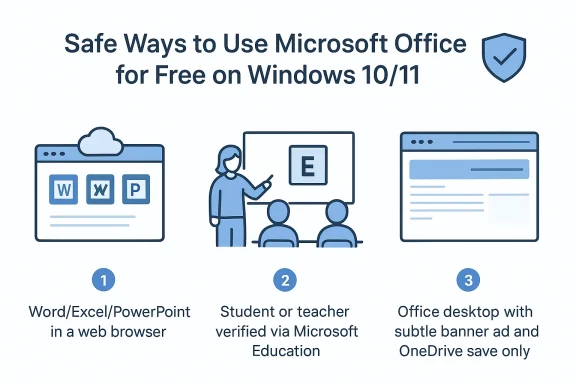 Three-step infographic showing safe, free ways to use Microsoft Office on Windows 10/11.
