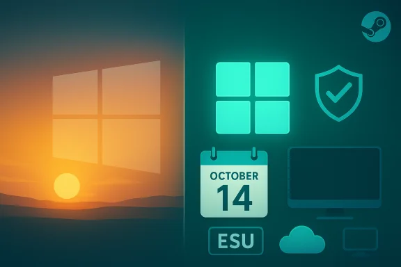 Split scene: warm Windows sunset on the left and teal tech icons on the right.
