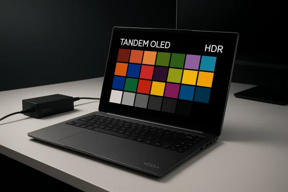 Lenovo Yoga laptop displaying a TANDEM OLED color grid with HDR on screen.