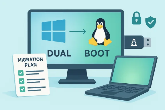 Windows to Linux dual-boot migration plan shown with a checklist and USB installer.