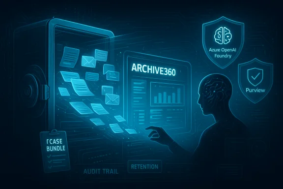 Futuristic ARCHIVE360 interface with floating documents and security shields.