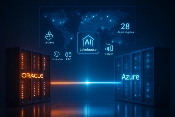 Futuristic data centers labeled Oracle and Azure flank a glowing Lakehouse AI hub with a world map.