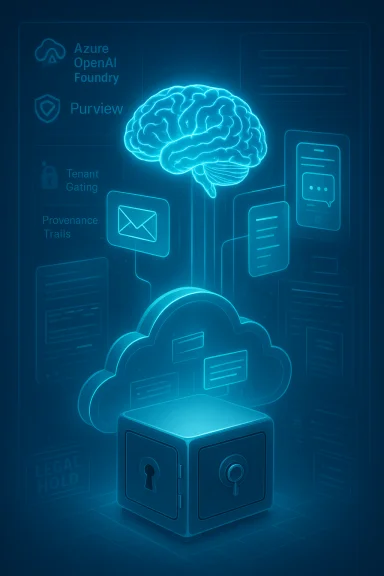 Neon blue brain and cloud rise from a secure vault, symbolizing AI governance and cloud data security.