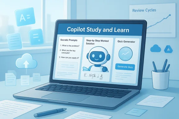 Laptop screen shows Copilot Study and Learn with Socratic prompts, step-by-step solutions, and a quiz generator.