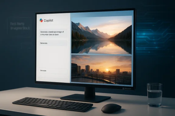 A desktop monitor displays Copilot UI with two landscape photos beside a keyboard and mouse.
