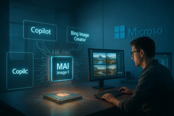 Person at a desk uses holographic AI chips (MAI Image-1) and Copilot in a Microsoft setting.