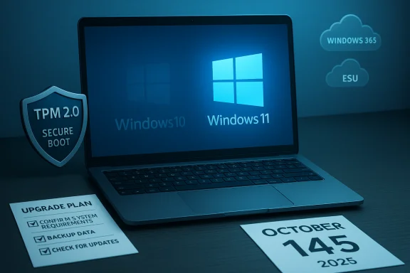 Laptop screen shows Windows 11 with Windows 10, TPM 2.0 security, and an Oct 2025 upgrade plan.
