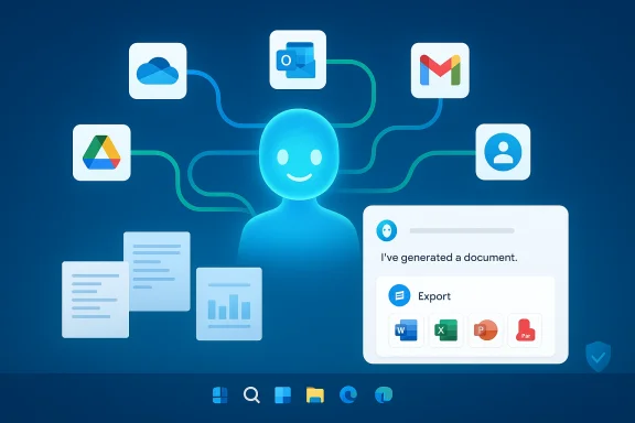 Blue AI assistant links to cloud apps and documents, illustrating automated workflow.