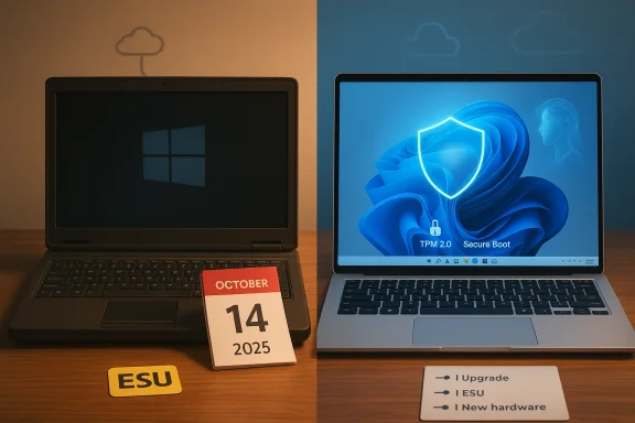 Side-by-side laptops: an older device on the left and a modern PC with TPM 2.0 and Secure Boot.