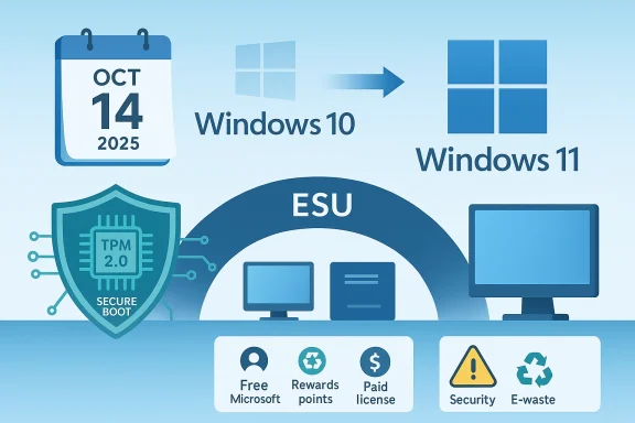 Windows 10 to Windows 11 upgrade path with ESU, TPM 2.0, Secure Boot and licensing options.