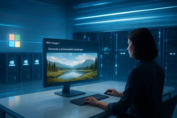 A person in a server room uses AI to generate a photorealistic landscape on a monitor.