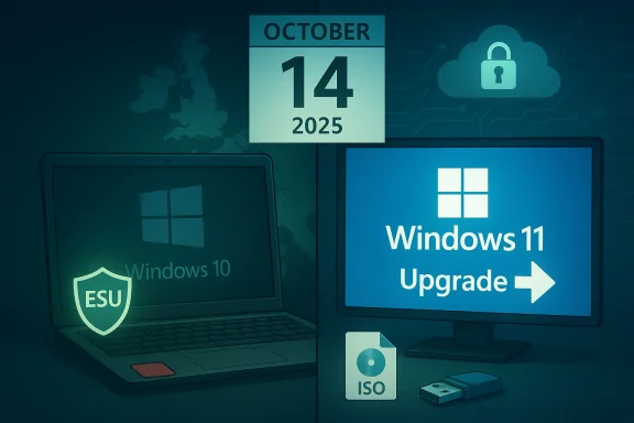 Windows 11 upgrade prompt on a monitor beside a Windows 10 screen, dated October 14, 2025.